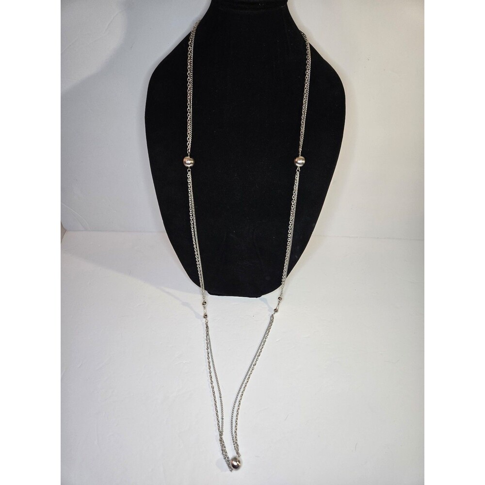 Long Silver Tone Necklace Silver Tone Circular Beads
